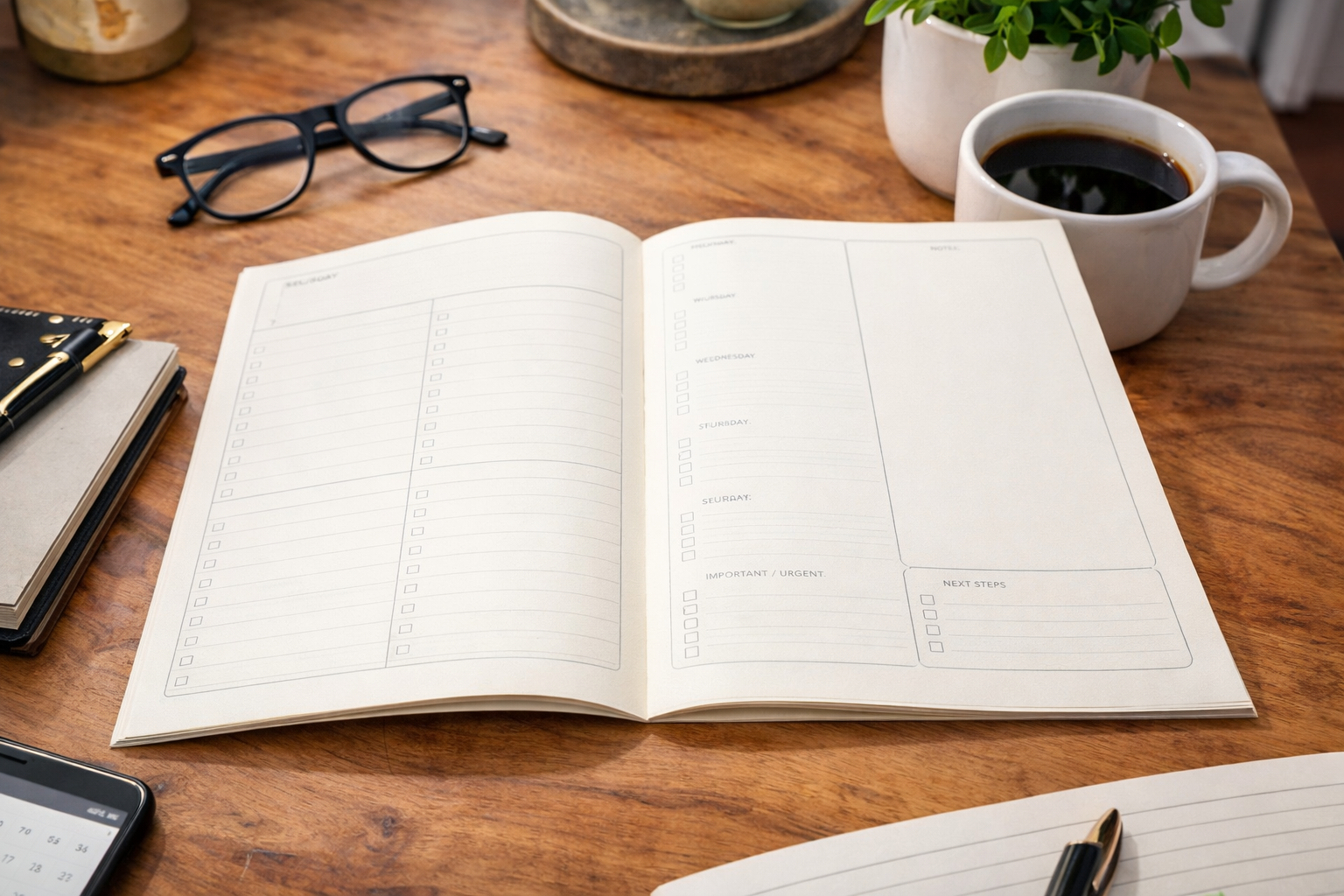 Open Strategist's Weekly Planner on a dark oak desk